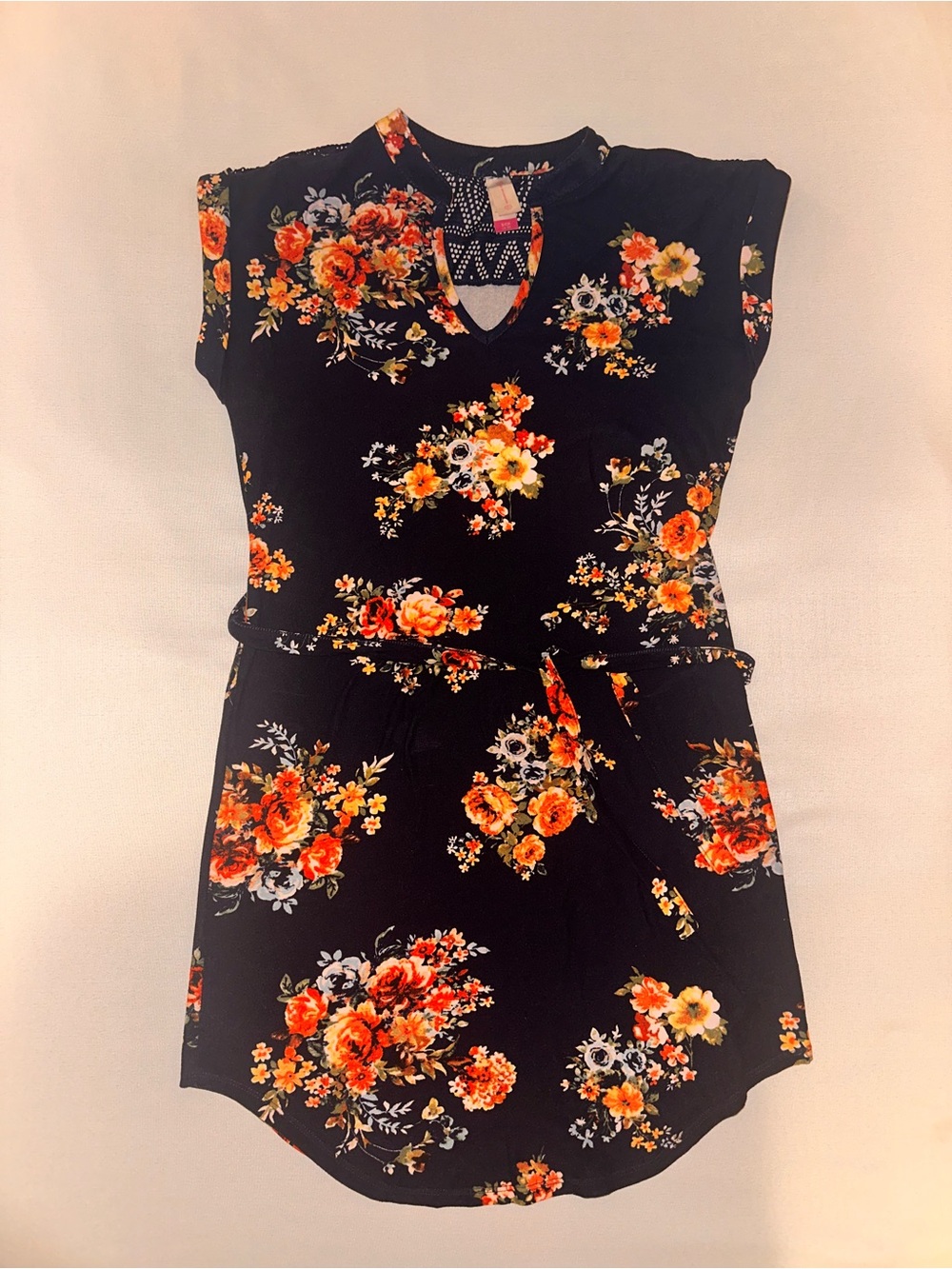 Boho Navy Mini Knit Dress with Orange Floral Print